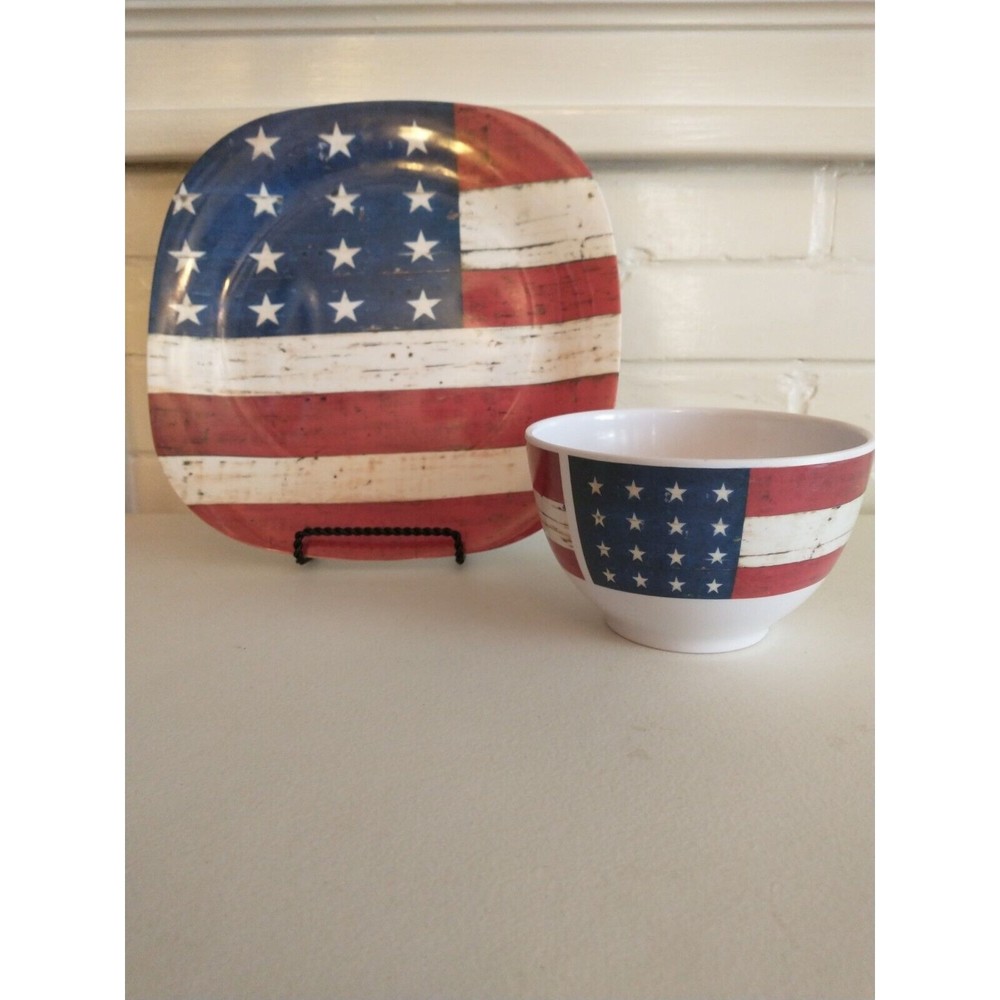 Patriotic Square Plate And Bowl 4th of July American Flag